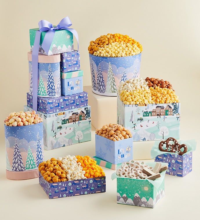 Snowy Merriment 6 Box Gift Tower and 2 Gallon Popcorn Tin